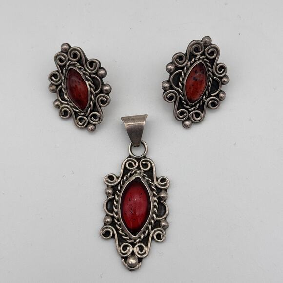 Unbranded Jewelry - Sterling Silver Mexico Jewelry Set Earrings Pendant Filigree Cabochon Vintage